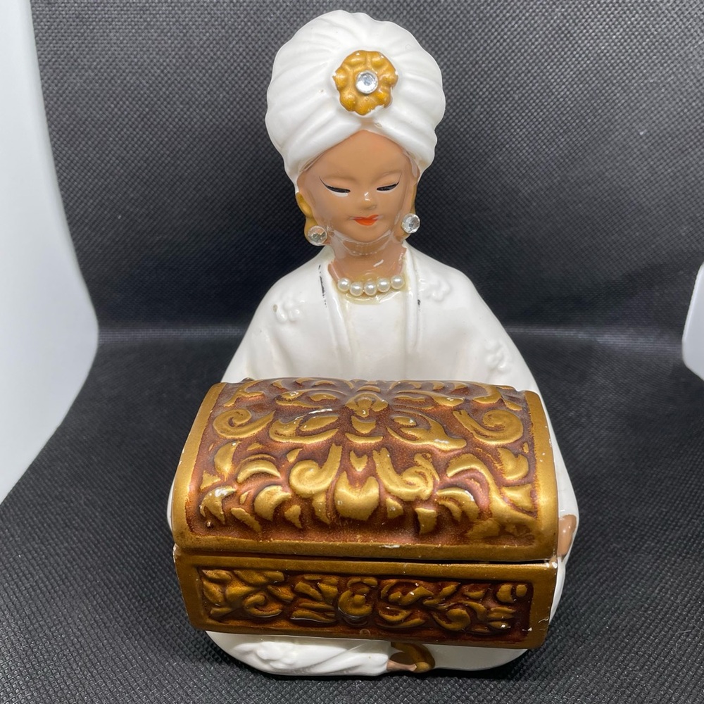 SOLD Vintage Enesco Sitting Gypsy Swami Holding Treasure Chest Trinket Box